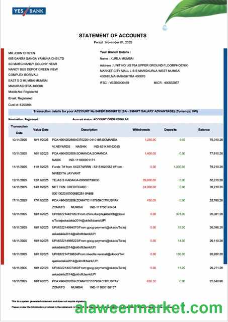 India YES Bank statement of account Word and PDF template